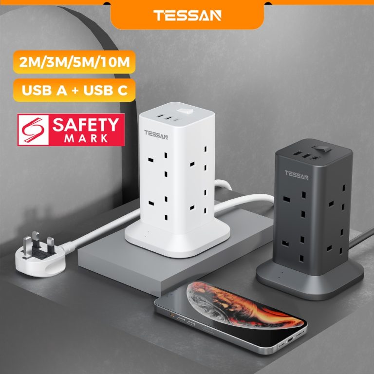 TESSAN Tower Extension Plug Tower Socket with USB+Type C, Surge Protector Power Extension Wire 3M 5M | Shopee Malaysia