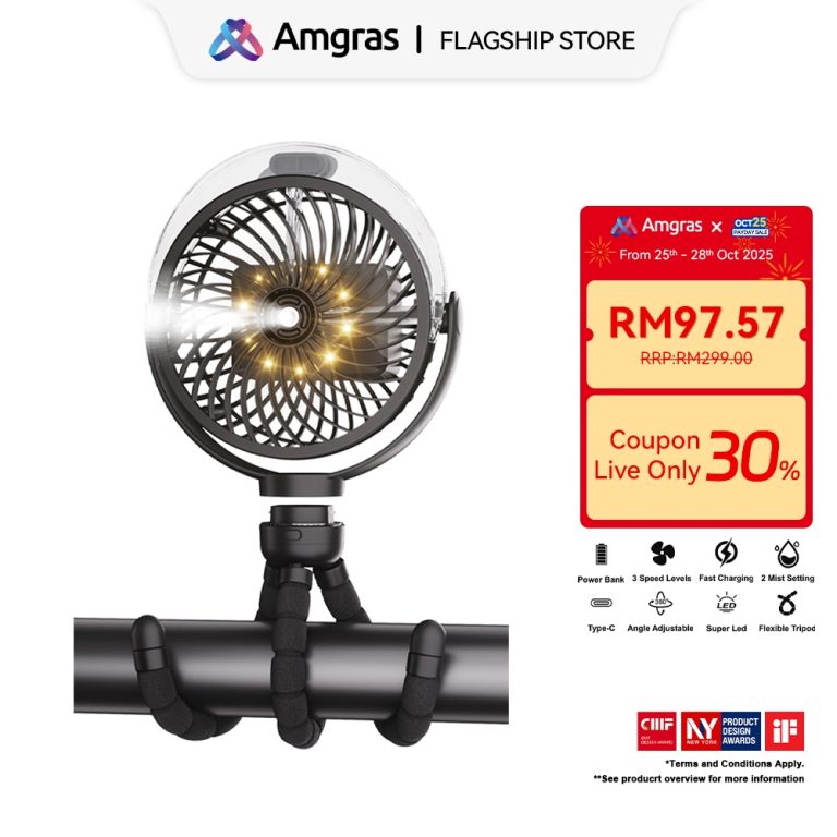 Amgras Stroller Baby Portable Mini Fan Rechargeable 9 Leds/Ultra Quiet/Flexible Tripod/55 Hours (6000mAh) | Shopee Malaysia
