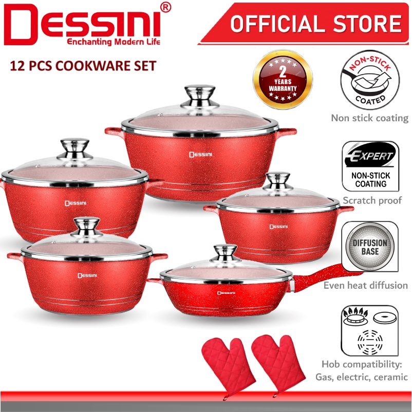 DESSINI ITALY Granite Aluminium Non Stick Casserole Pot Bowl Deep Fry Pan Cookware Tool (12 Pcs) | Shopee Malaysia